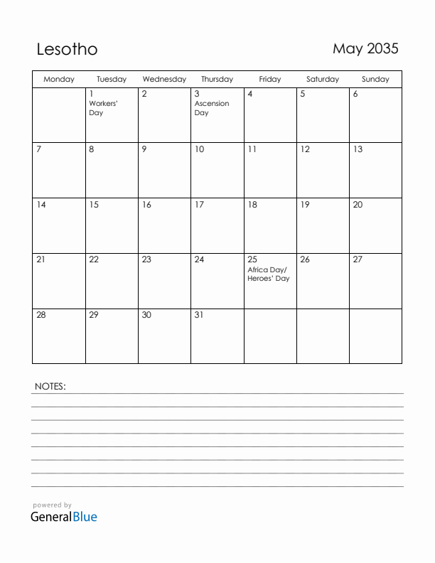 May 2035 Lesotho Calendar with Holidays (Monday Start)