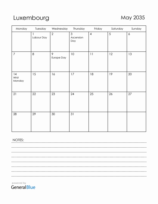 May 2035 Luxembourg Calendar with Holidays (Monday Start)