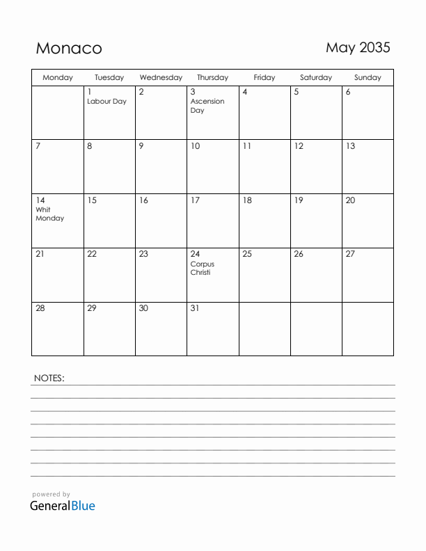 May 2035 Monaco Calendar with Holidays (Monday Start)