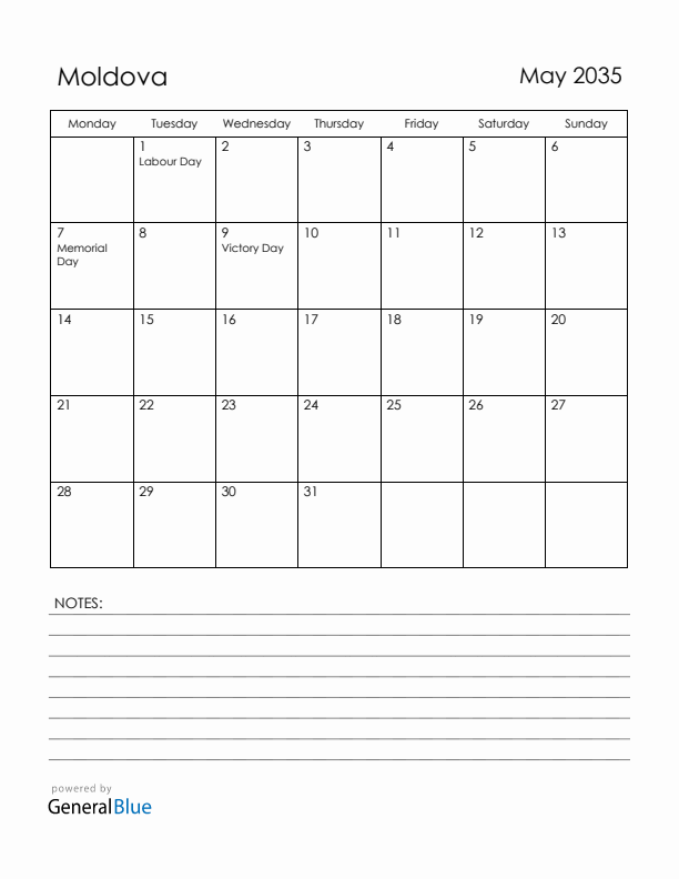 May 2035 Moldova Calendar with Holidays (Monday Start)