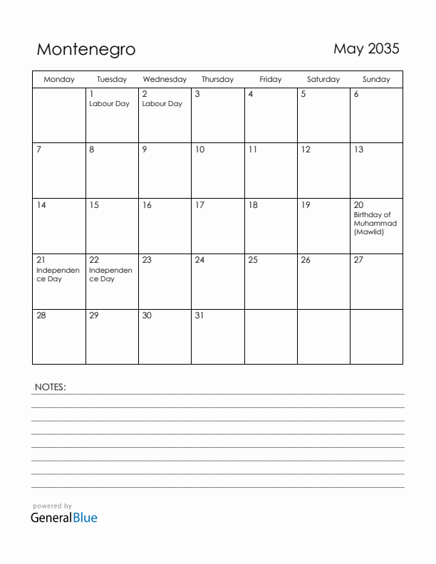 May 2035 Montenegro Calendar with Holidays (Monday Start)