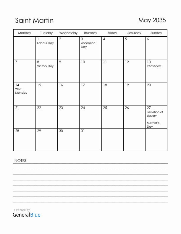 May 2035 Saint Martin Calendar with Holidays (Monday Start)
