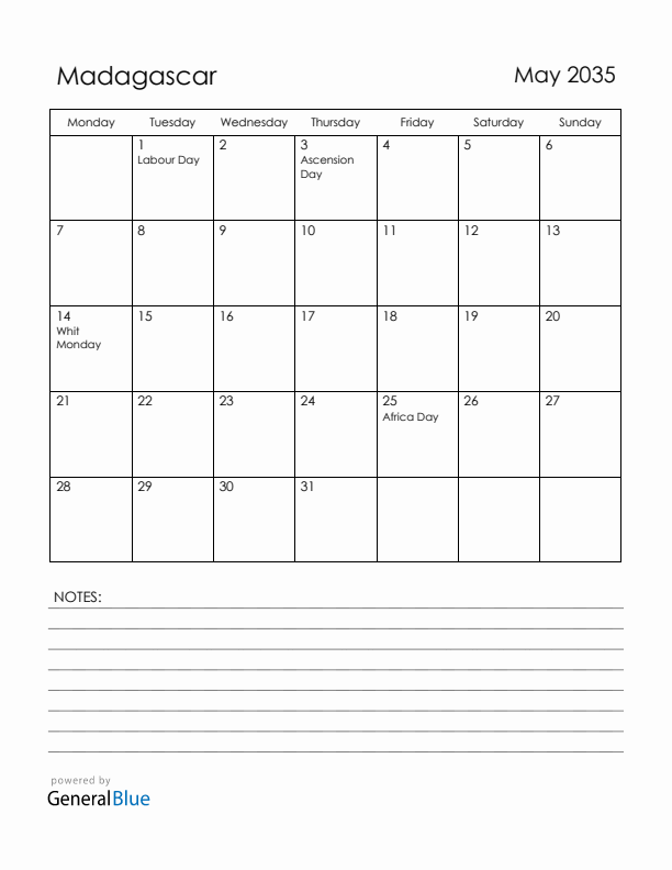 May 2035 Madagascar Calendar with Holidays (Monday Start)