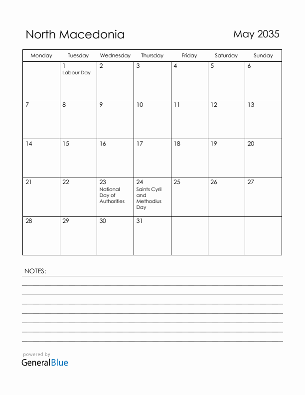 May 2035 North Macedonia Calendar with Holidays (Monday Start)