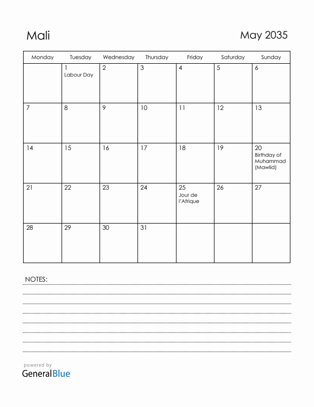 May 2035 Mali Calendar with Holidays (Monday Start)
