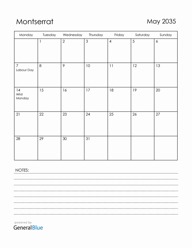 May 2035 Montserrat Calendar with Holidays (Monday Start)