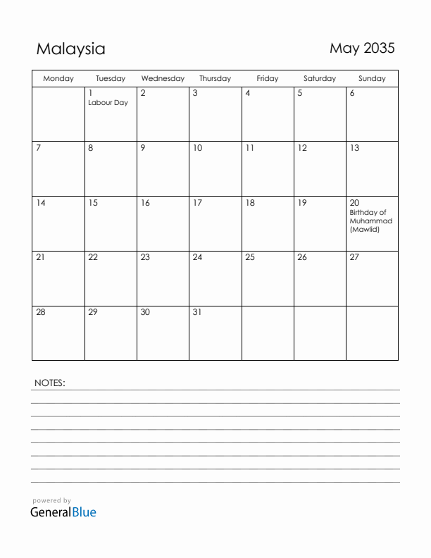 May 2035 Malaysia Calendar with Holidays (Monday Start)