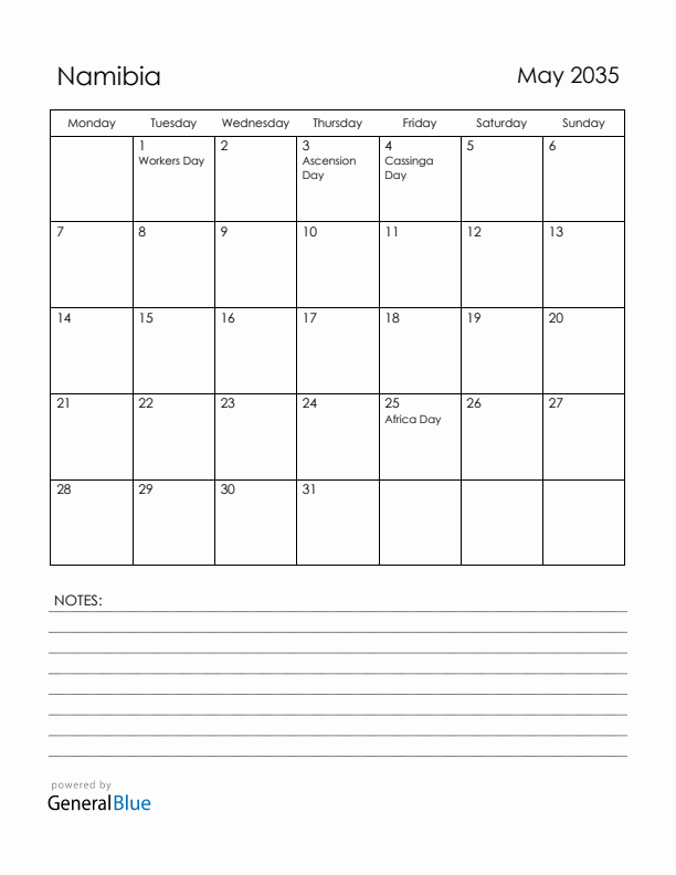 May 2035 Namibia Calendar with Holidays (Monday Start)