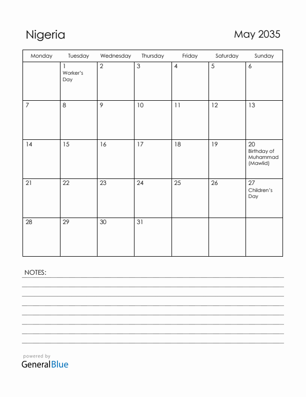 May 2035 Nigeria Calendar with Holidays (Monday Start)