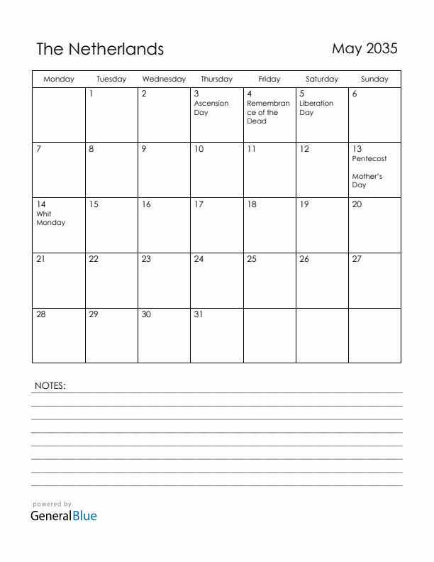 May 2035 The Netherlands Calendar with Holidays (Monday Start)