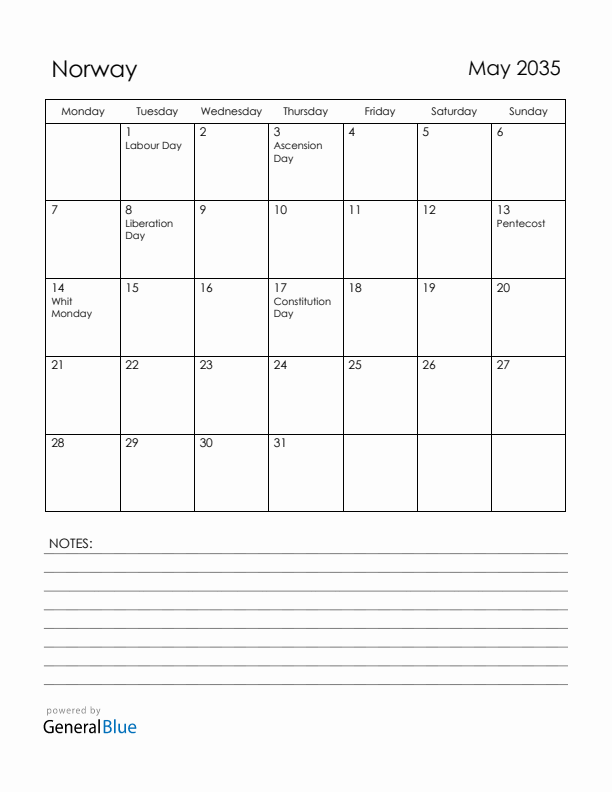 May 2035 Norway Calendar with Holidays (Monday Start)