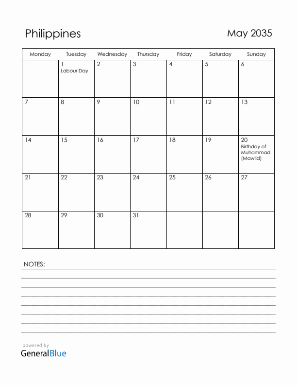 May 2035 Philippines Calendar with Holidays (Monday Start)