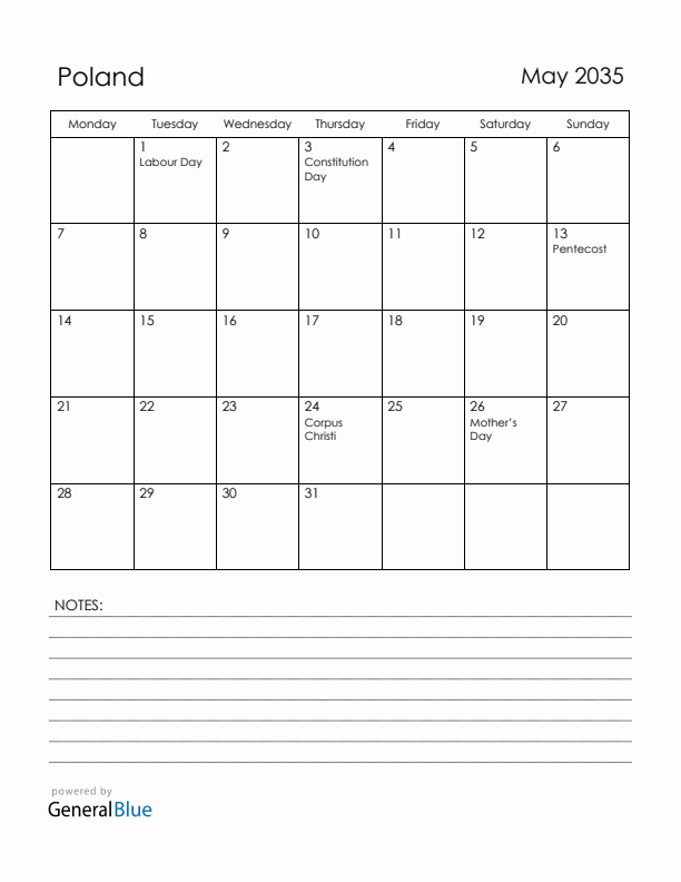 May 2035 Poland Calendar with Holidays (Monday Start)