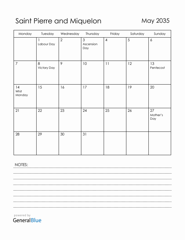 May 2035 Saint Pierre and Miquelon Calendar with Holidays (Monday Start)