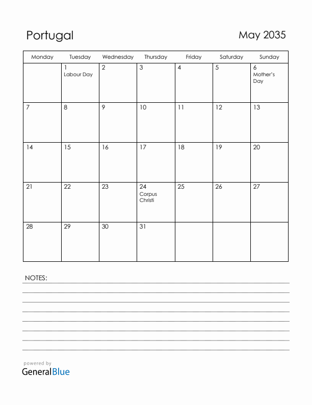 May 2035 Portugal Calendar with Holidays (Monday Start)