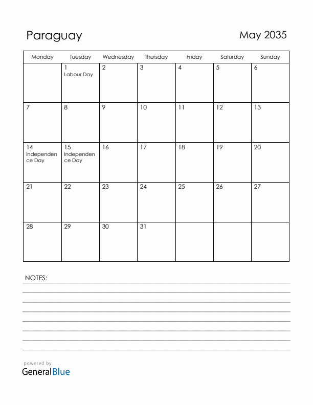 May 2035 Paraguay Calendar with Holidays (Monday Start)