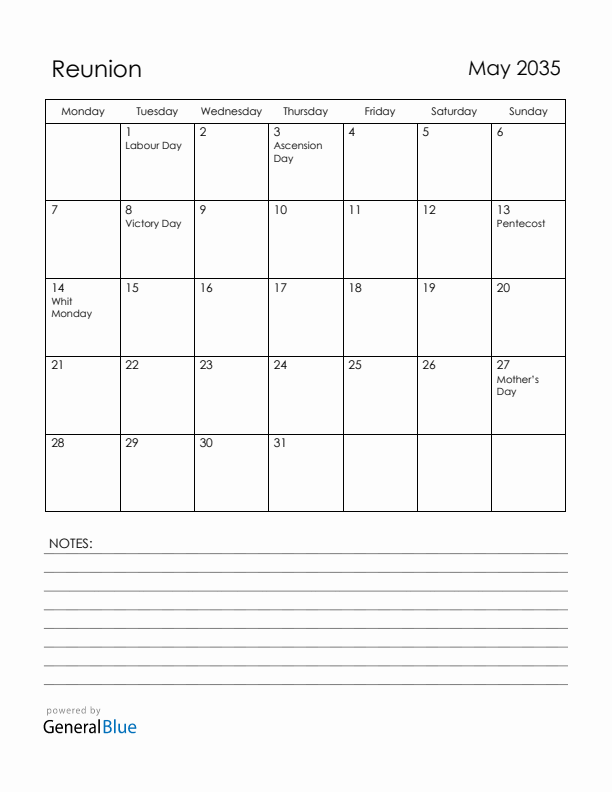May 2035 Reunion Calendar with Holidays (Monday Start)