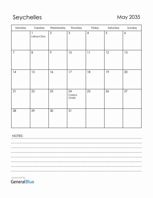 May 2035 Seychelles Calendar with Holidays (Monday Start)