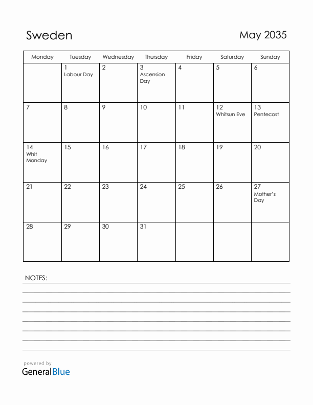 May 2035 Sweden Calendar with Holidays (Monday Start)