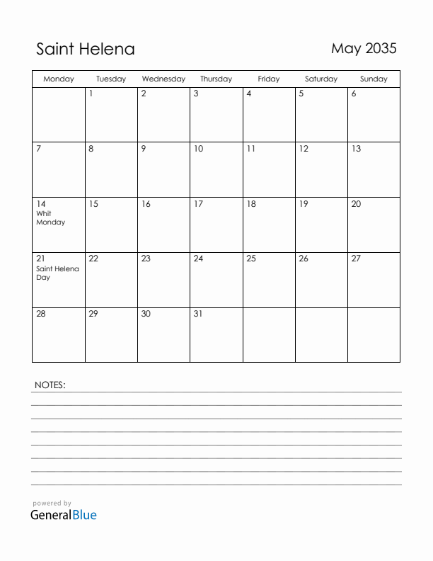 May 2035 Saint Helena Calendar with Holidays (Monday Start)