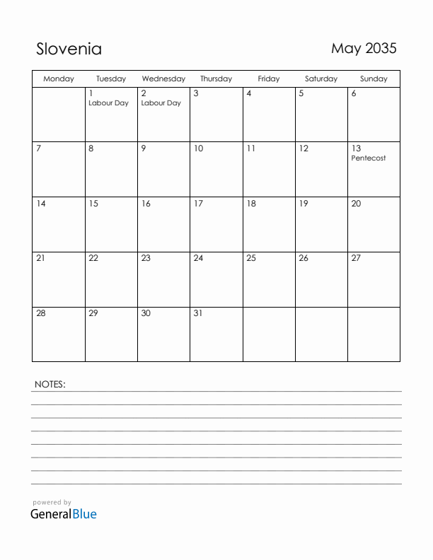 May 2035 Slovenia Calendar with Holidays (Monday Start)