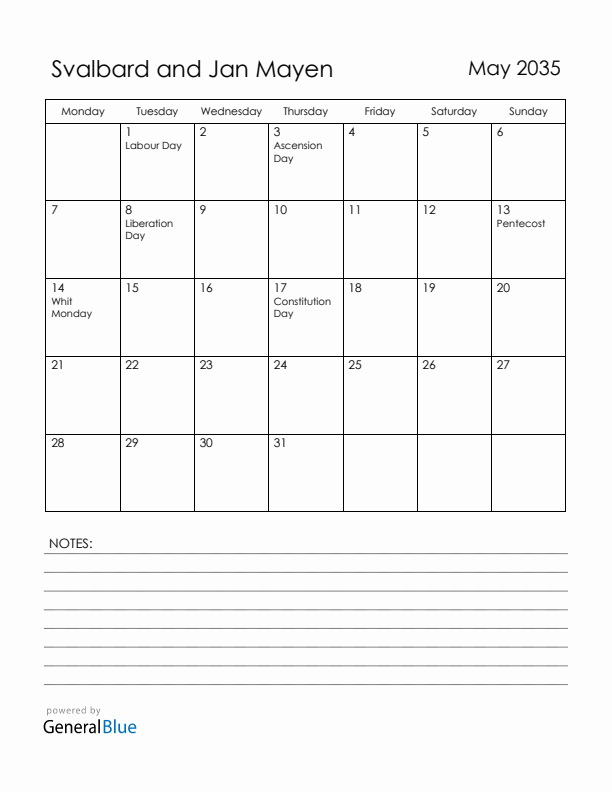 May 2035 Svalbard and Jan Mayen Calendar with Holidays (Monday Start)