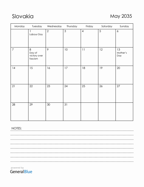 May 2035 Slovakia Calendar with Holidays (Monday Start)