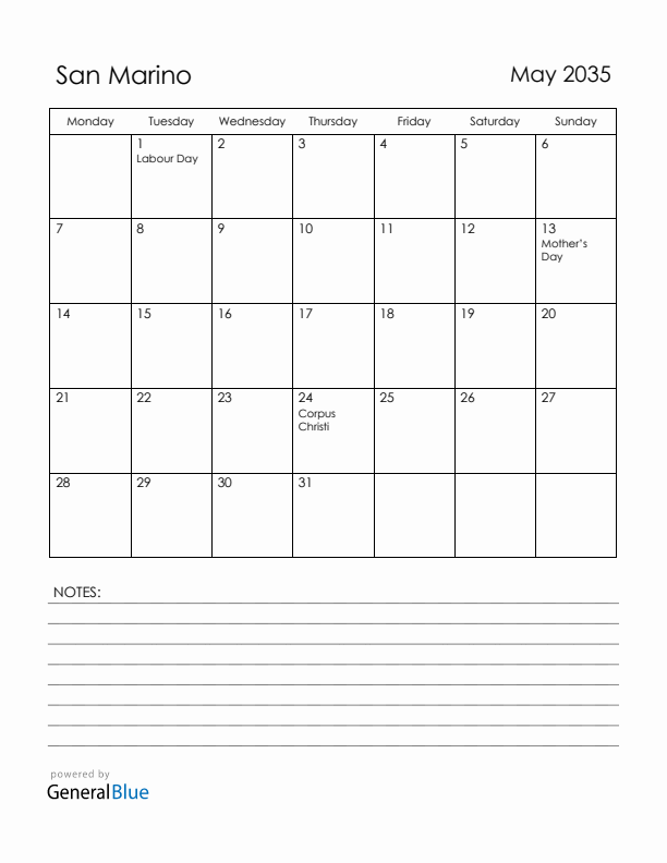 May 2035 San Marino Calendar with Holidays (Monday Start)
