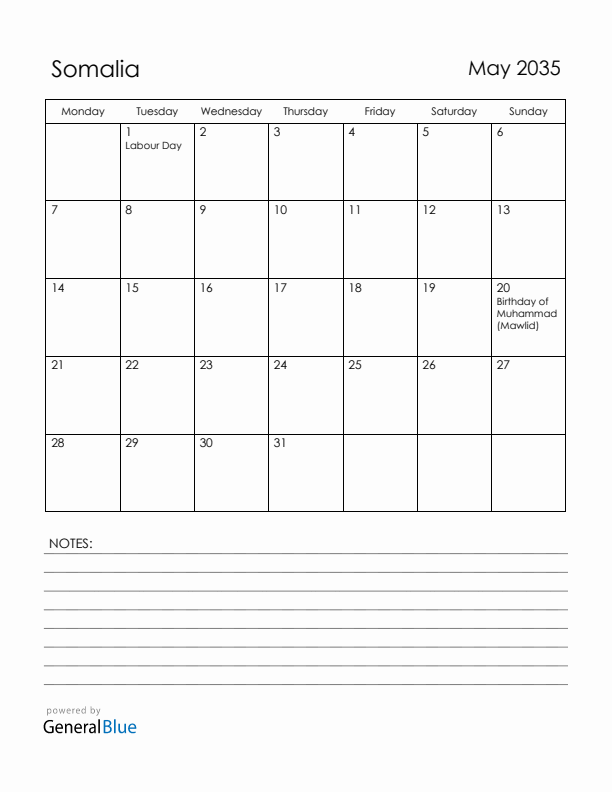 May 2035 Somalia Calendar with Holidays (Monday Start)
