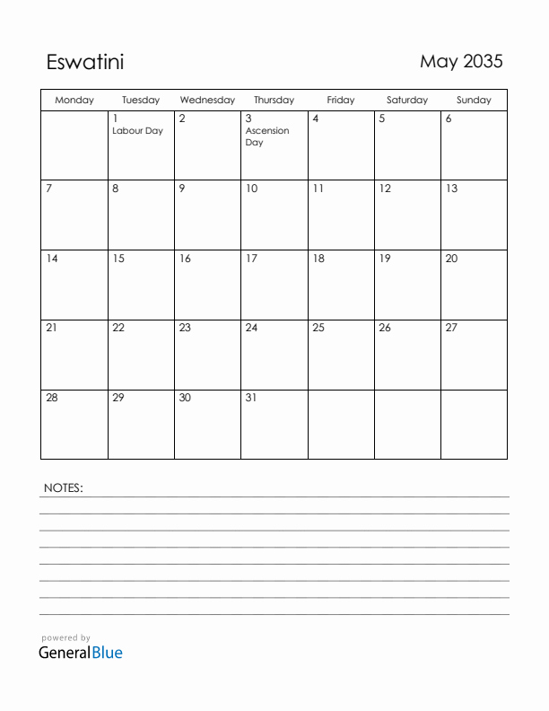 May 2035 Eswatini Calendar with Holidays (Monday Start)