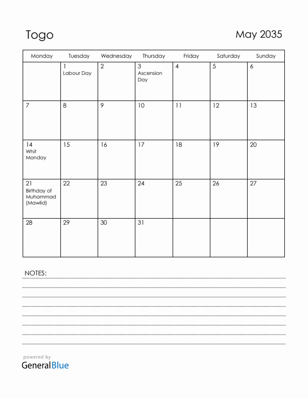 May 2035 Togo Calendar with Holidays (Monday Start)