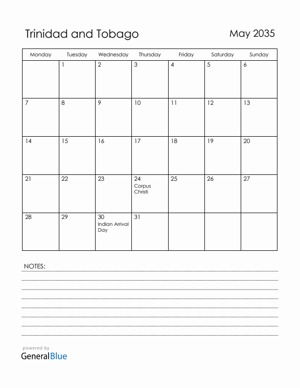 May 2035 Trinidad and Tobago Calendar with Holidays (Monday Start)