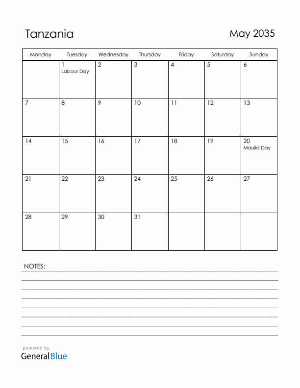 May 2035 Tanzania Calendar with Holidays (Monday Start)
