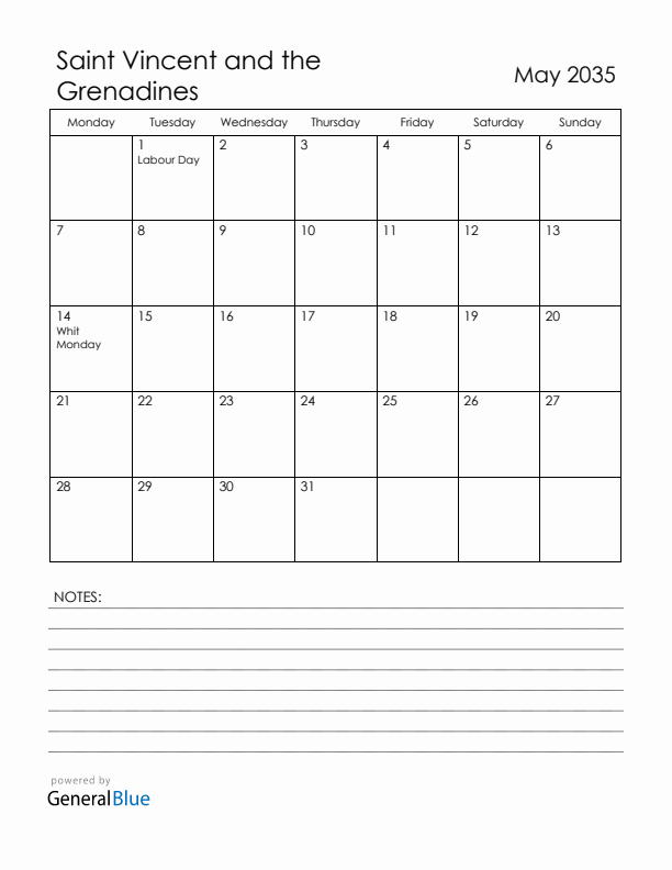 May 2035 Saint Vincent and the Grenadines Calendar with Holidays (Monday Start)