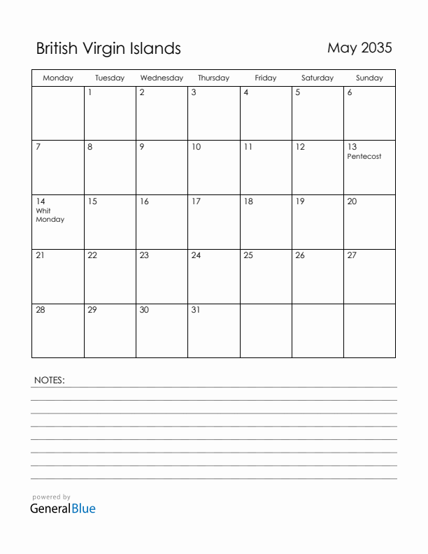 May 2035 British Virgin Islands Calendar with Holidays (Monday Start)