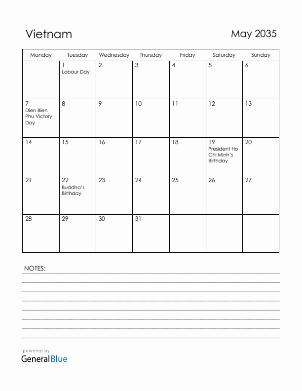 May 2035 Vietnam Calendar with Holidays (Monday Start)