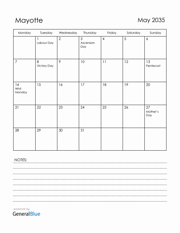 May 2035 Mayotte Calendar with Holidays (Monday Start)