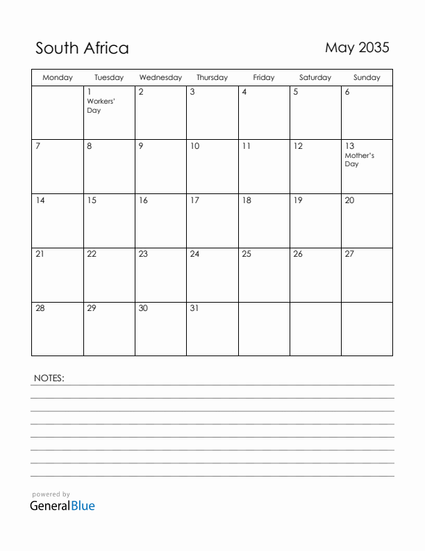 May 2035 South Africa Calendar with Holidays (Monday Start)