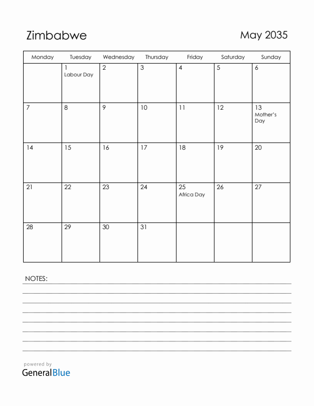 May 2035 Zimbabwe Calendar with Holidays (Monday Start)