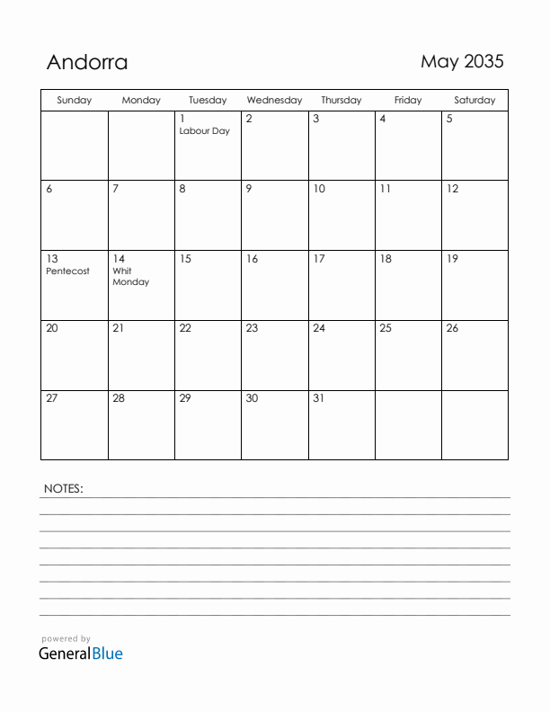 May 2035 Andorra Calendar with Holidays (Sunday Start)
