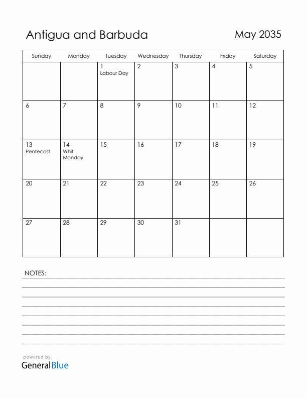 May 2035 Antigua and Barbuda Calendar with Holidays (Sunday Start)