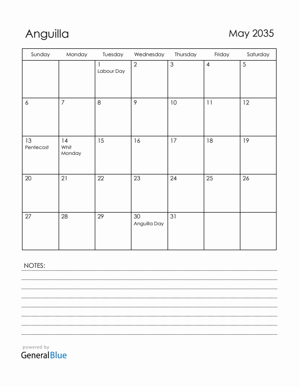 May 2035 Anguilla Calendar with Holidays (Sunday Start)