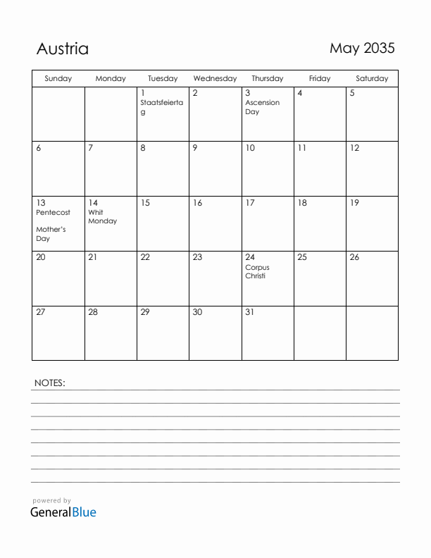May 2035 Austria Calendar with Holidays (Sunday Start)