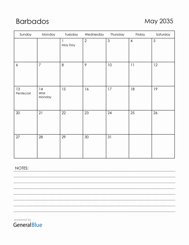 May 2035 Barbados Calendar with Holidays (Sunday Start)
