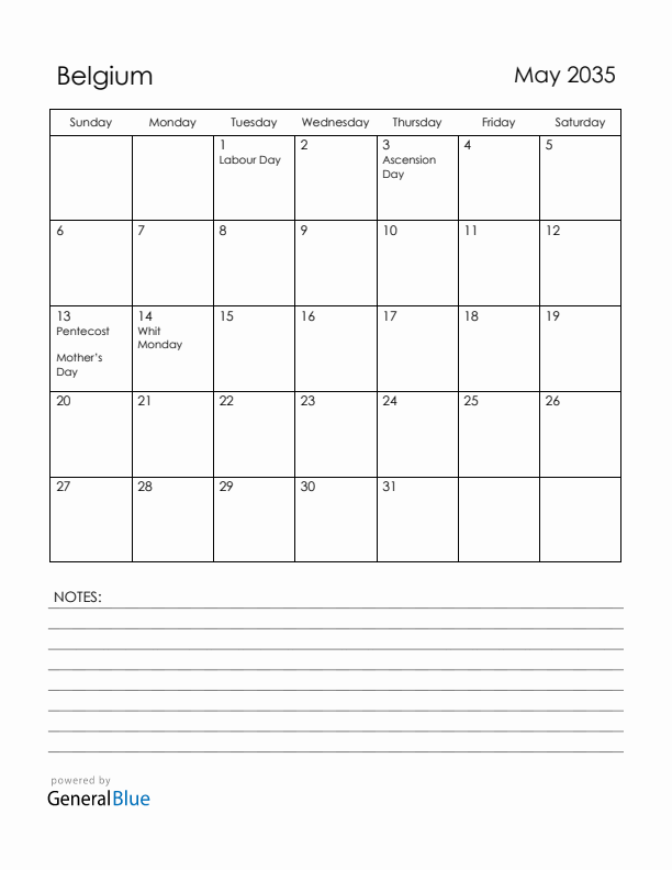 May 2035 Belgium Calendar with Holidays (Sunday Start)