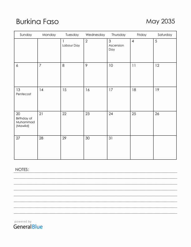 May 2035 Burkina Faso Calendar with Holidays (Sunday Start)