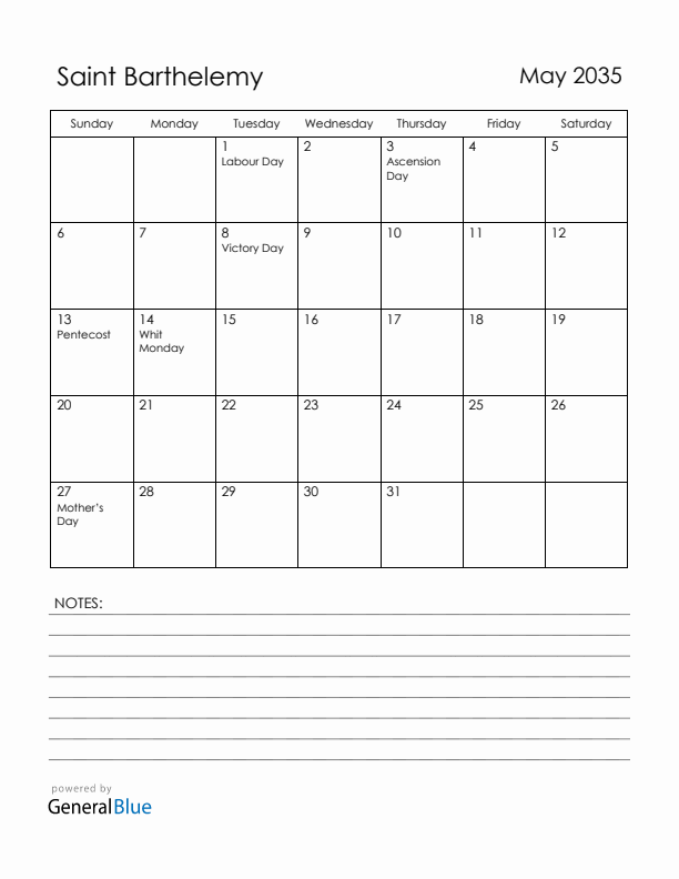 May 2035 Saint Barthelemy Calendar with Holidays (Sunday Start)