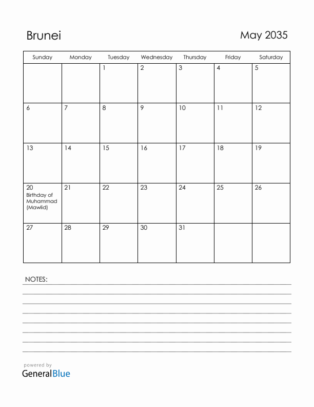 May 2035 Brunei Calendar with Holidays (Sunday Start)