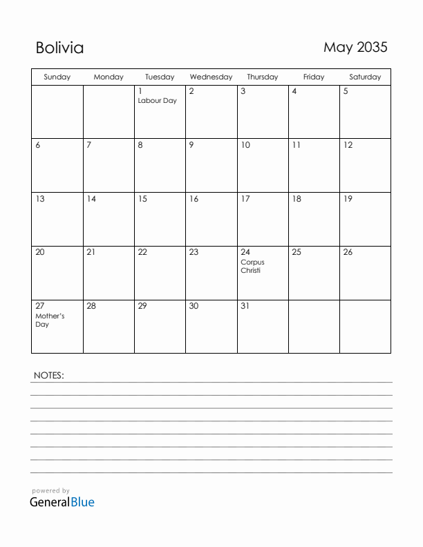 May 2035 Bolivia Calendar with Holidays (Sunday Start)