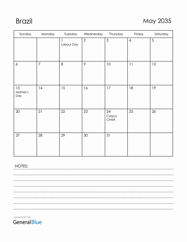 May 2035 Brazil Calendar with Holidays (Sunday Start)